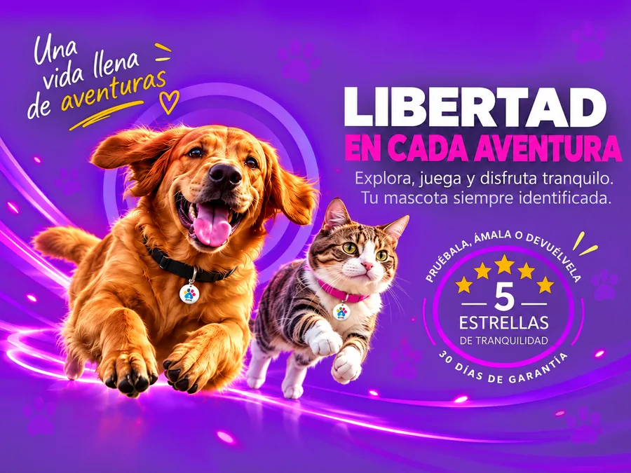 Smartag: libertad en cada aventura. Tu mascota siempre identificada, con 5 estrellas de tranquilidad y 30 días de garantía.